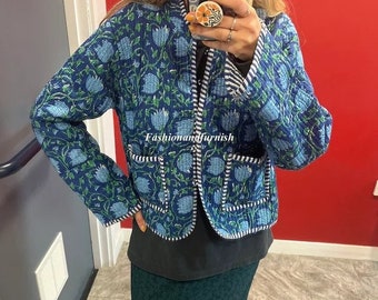 Block Print Quilted Cotton Jacket: Bohemian Floral Reversible Coat