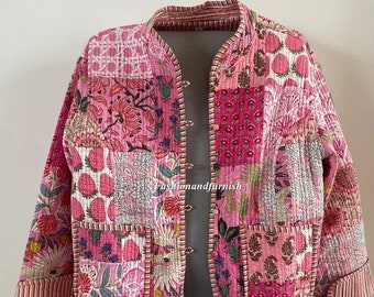 Handmade Floral Patchwork Quilted Cotton Jacket: Bohemian Reversible Coat