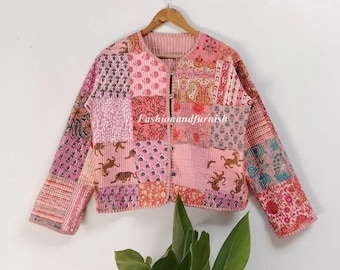 Pink Patchwork Jacket Handmade Patchwork Cotton Quilted Coat: Reversible Boho