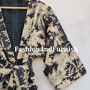 Embroidery Robes Indian Handmade Kantha Quilt Kimono Jacket Kantha Jacket Kantha Quilt Kimono Boho Jacket Women Wear Front Side Open Jacket