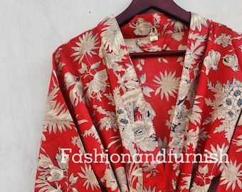 Floral Print Cotton Kimono Robe, Oriental Kaftan, Women's Robe