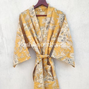 Floral Cotton Kimono Robe: Hand Block Print Dressing Gown