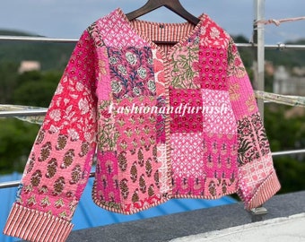 Cotton Quilted Jacket Women Wear Front Open Kimono Stripe piping HandMade Pink Vintage Quilted Jacket , Coats , New Style,.double side wear