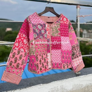 Cotton Quilted Jacket Women Wear Front Open Kimono Stripe piping HandMade Pink Vintage Quilted Jacket , Coats , New Style,.double side wear