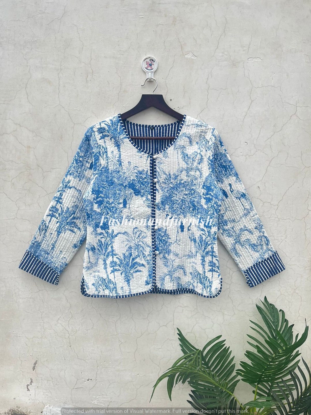 Blue Color Handmade Tiger Print Jacket, Indian Cotton Handmade Winter