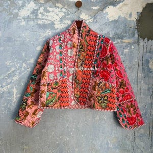 Handmade Cotton Kantha Quilted Jacket: Reversible Boho Kimono Coat
