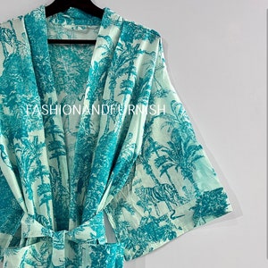 Robes, Lightweight pure cotton kimono robe, ladies night gown, kimono dressing gown, bridesmaid gowns, sustainable women bathrobe, Kimono AQUA GREEN TIGER