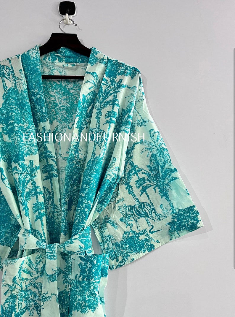 Robes, Lightweight pure cotton kimono robe, ladies night gown, kimono dressing gown, bridesmaid gowns, sustainable women bathrobe, Kimono AQUA GREEN TIGER
