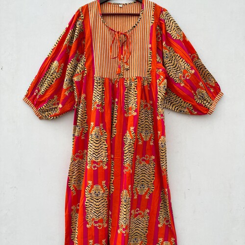 Orange Tiger Block Print Midi Dress, Loose Fit Indian Cotton Summer Dress