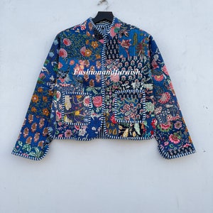 Patchwork Quilted Jackets Cotton Floral Bohemian Style Fall Winter Jacket Coat Streetwear Boho Quilted Reversible Jacket for Women BLUE PATCHWORK