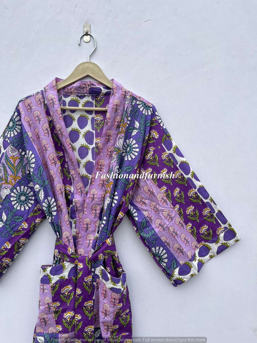 Chondon Robe Hand Block Printed Cotton Kimono Robe: Patchwork Print Dressing Gown - Etsy