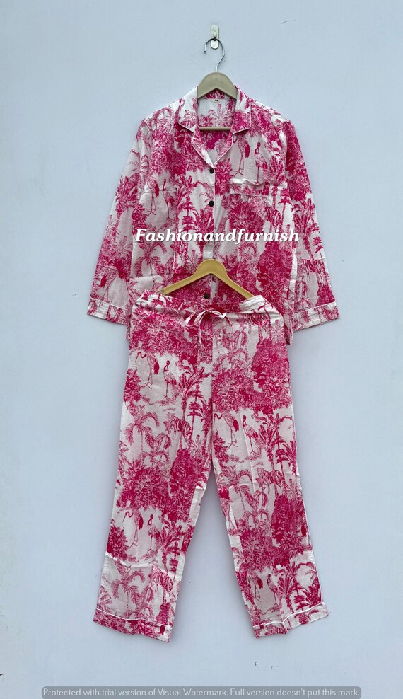 Floral Cotton Pajama Set: Ladies Night Suit, Hand Block Print Clothing
