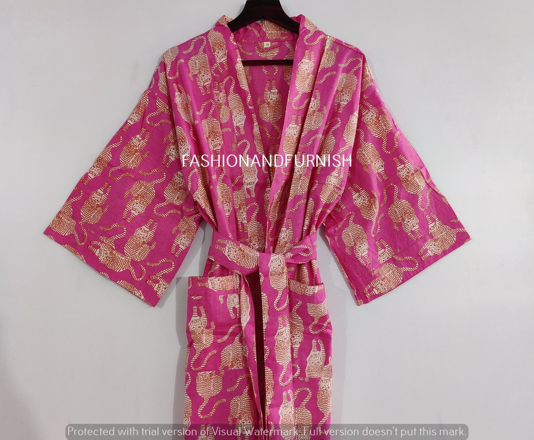 Beautiful Pink Tiger Print Kimono Robes, Indian 100 Cotton Handblock