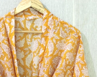 Hand Block Print Cotton Kimono Robe: Bath & Shower Gown