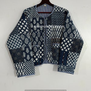 Indigo Blue Handmade Patchwork Jackets, Indian Cotton Handmade Winter Jacket Coat, Bohemian Style Jacket, Unisex Short Quilted Kantha Jacket zdjęcie 9