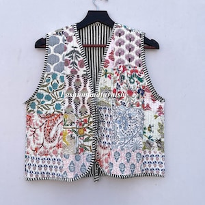 Cotton Quilted Jacket Women Wear Front Open Kimono Stripe piping HandMade Vintage Quilted Jacket , Coats , New Style, Boho..double side wear WHITE PATCHWORK