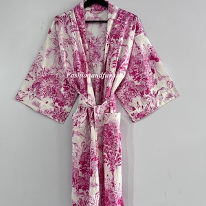 Robes, Lightweight pure cotton kimono robe, ladies night gown, kimono dressing gown, bridesmaid gowns, sustainable women bathrobe, Kimono PINK TIGER