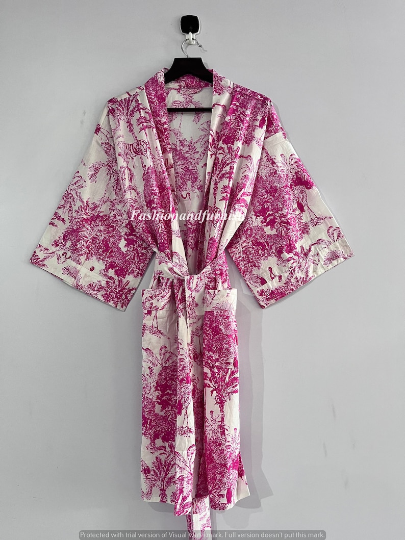 Robes, Lightweight pure cotton kimono robe, ladies night gown, kimono dressing gown, bridesmaid gowns, sustainable women bathrobe, Kimono PINK TIGER