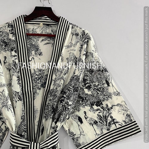 Cotton Block Print Kimono Robe: Tiger & Crane Design