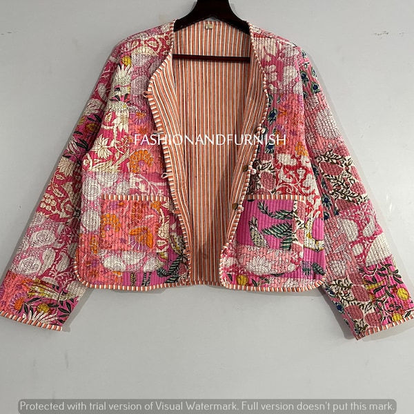Pink Color Handmade Patchwork Jackets, Indian Cotton Handmade Winter Jacket Coat, Bohemian Style Jacket, Unisex Short Quilted Kantha Jacket