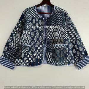 Indigo Blue Handmade Patchwork Jackets, Indian Cotton Handmade Winter Jacket Coat, Bohemian Style Jacket, Unisex Short Quilted Kantha Jacket zdjęcie 8