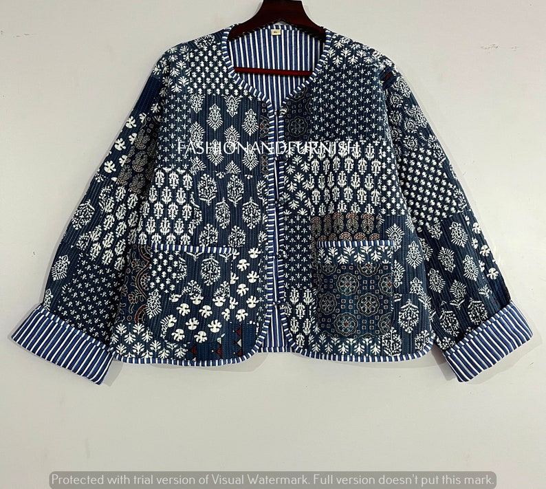 Indigo Blue Handmade Patchwork Jackets, Indian Cotton Handmade Winter Jacket Coat, Bohemian Style Jacket, Unisex Short Quilted Kantha Jacket zdjęcie 8