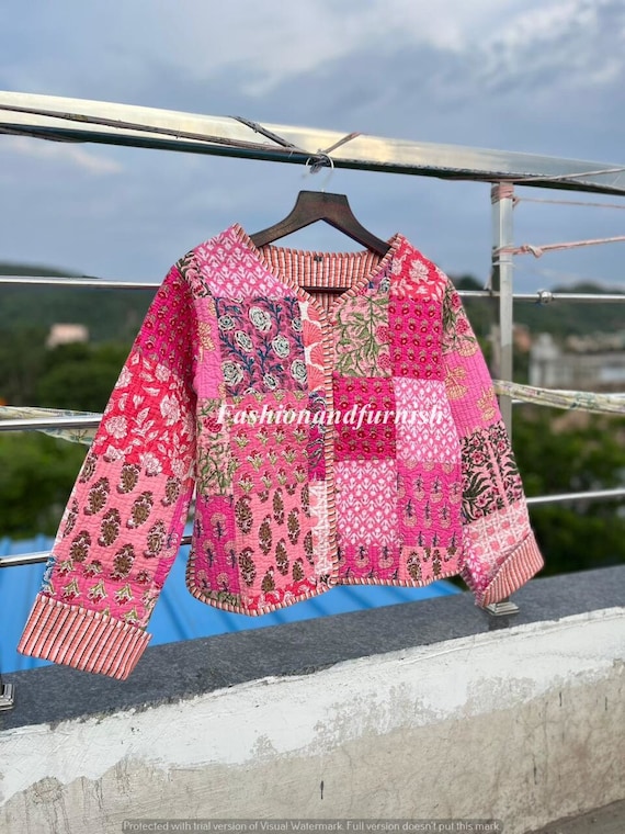 Cotton Quilted Jacket Women Wear Front Open Kimono Stripe Piping Handmade Pink Vintage Quilted Jacket Coats New Style .double Side Wear Etsy UK
