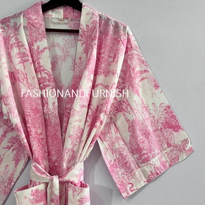 Robes, Lightweight pure cotton kimono robe, ladies night gown, kimono dressing gown, bridesmaid gowns, sustainable women bathrobe, Kimono LIGHT PINK TIGER