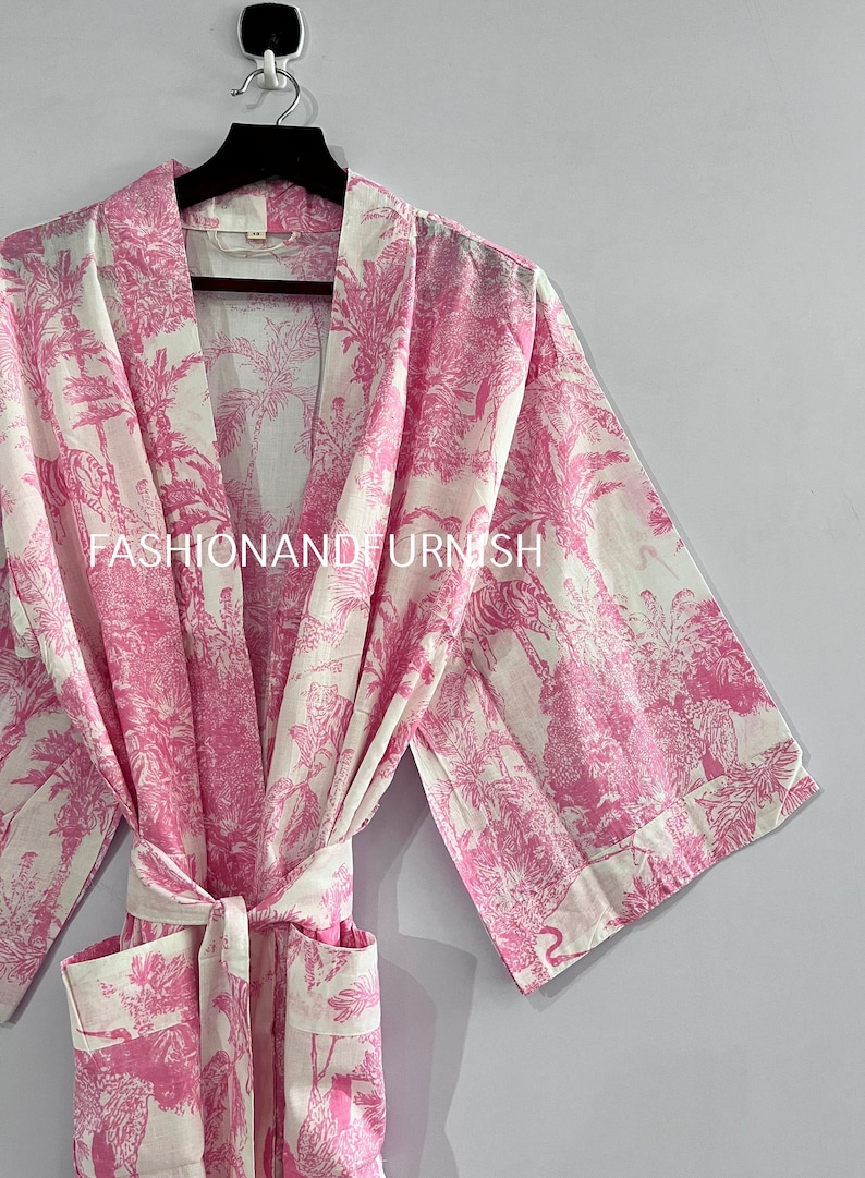 Robes, Lightweight pure cotton kimono robe, ladies night gown, kimono dressing gown, bridesmaid gowns, sustainable women bathrobe, Kimono LIGHT PINK TIGER