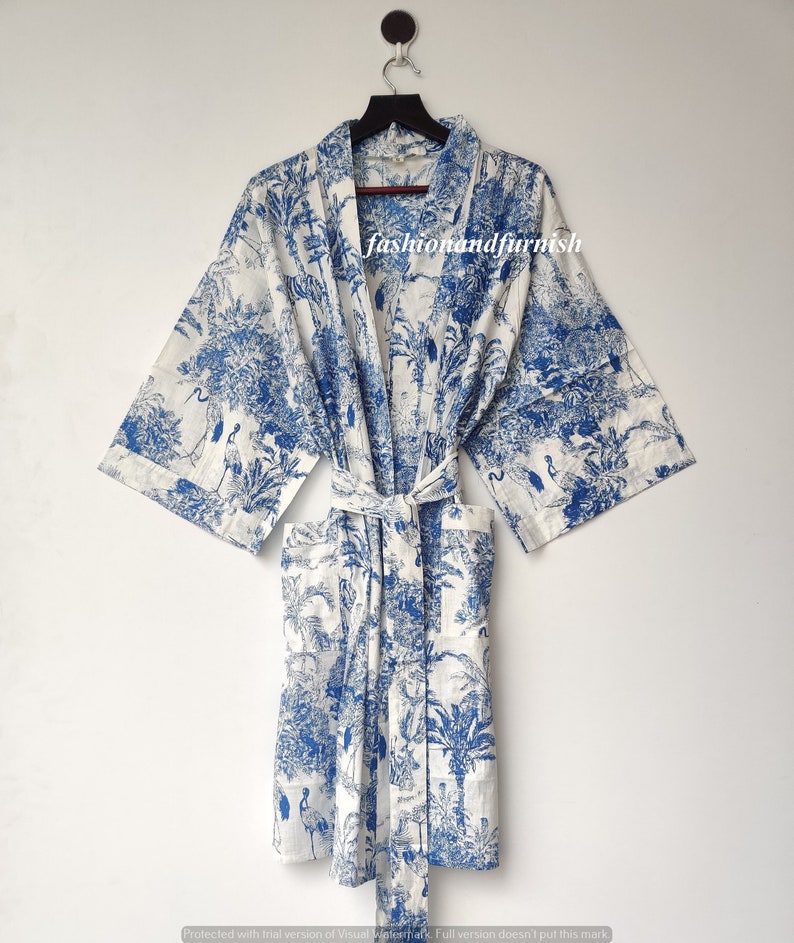 Robes, Lightweight pure cotton kimono robe, ladies night gown, kimono dressing gown, bridesmaid gowns, sustainable women bathrobe, Kimono WHITE & BLUE TIGER