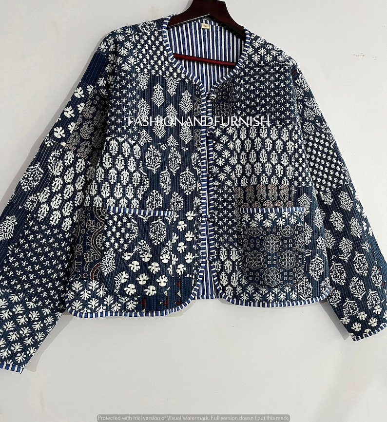 Indigo Blue Handmade Patchwork Jackets, Indian Cotton Handmade Winter Jacket Coat, Bohemian Style Jacket, Unisex Short Quilted Kantha Jacket zdjęcie 6