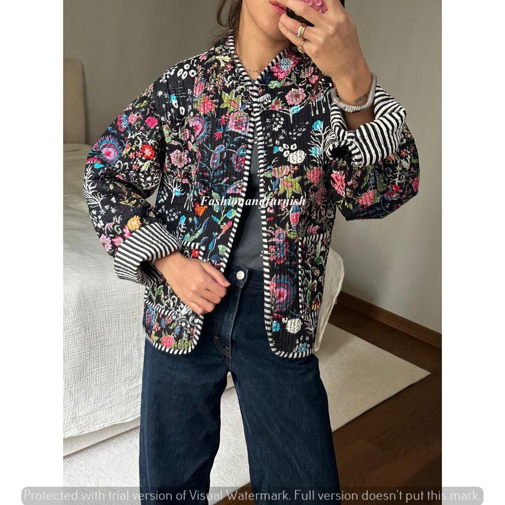 Women's Vintage Cute White Floral Art Prints Casual Cowboy Patchwork Cotton Jacket