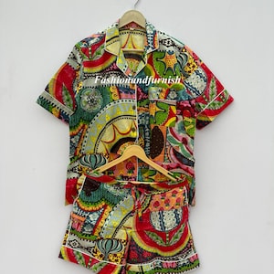 Hand-Block Printed Cotton Short Pajama Set with Matching Pouch