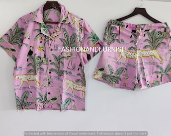 Jungle Print Cotton Pajama Set: Handmade Indian Short PJ Set
