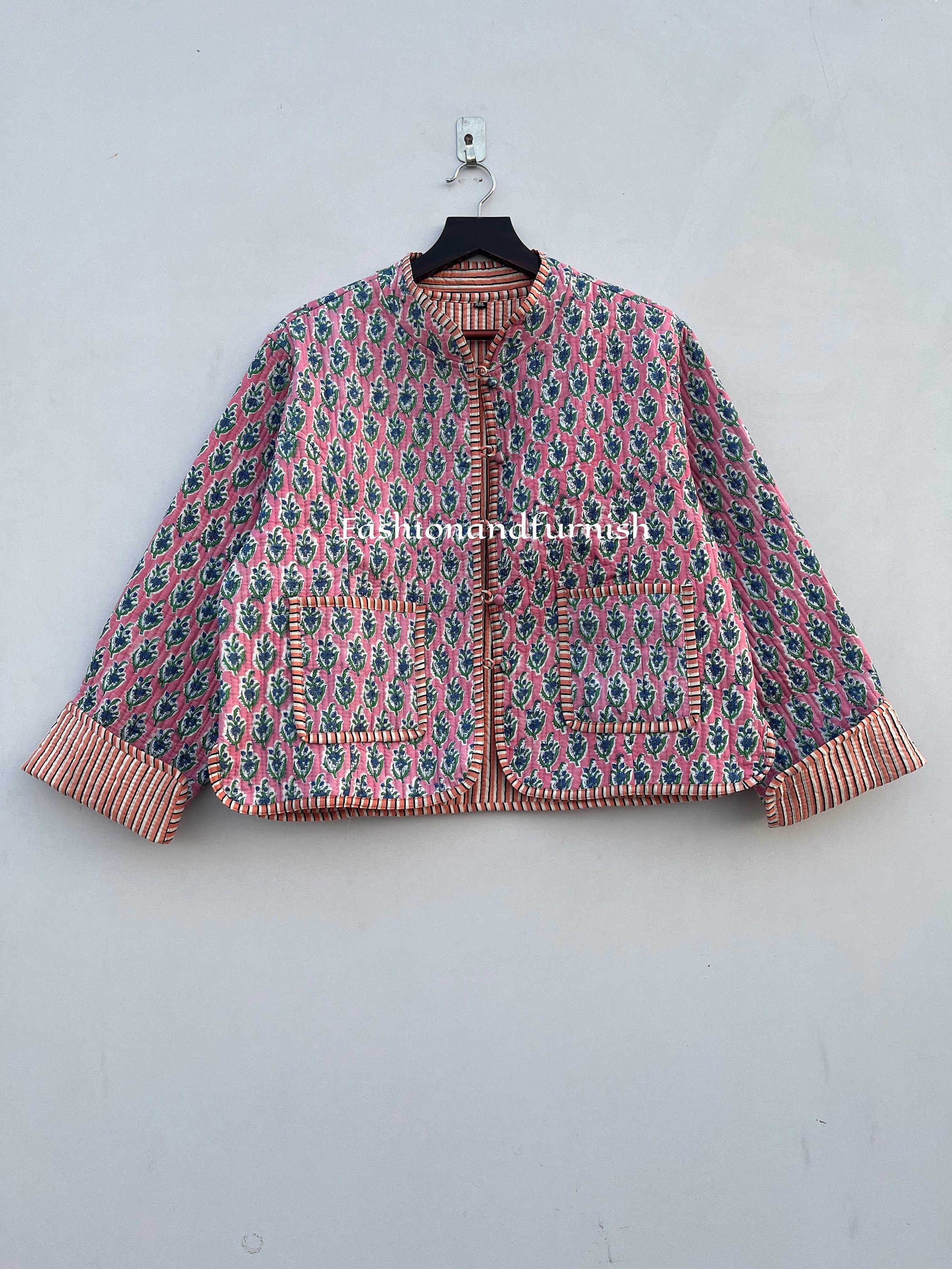 Block Print Quilted Jackets Cotton Floral Bohemian Style Fall Winter Jacket Coat Streetwear Boho Quilted Reversible Jacket for Women