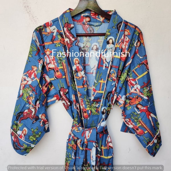 Lady hunting horse Cotton kimono Robes, Digital print Kimono, Soft and comfortable Bath robes, wrap dress, House Coat Robe #04