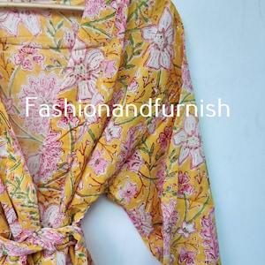 Cotton kimono Robes, Block Print Kimono, Soft and comfortable Bath robes, wrap dress, House Coat Robe Yellow #511
