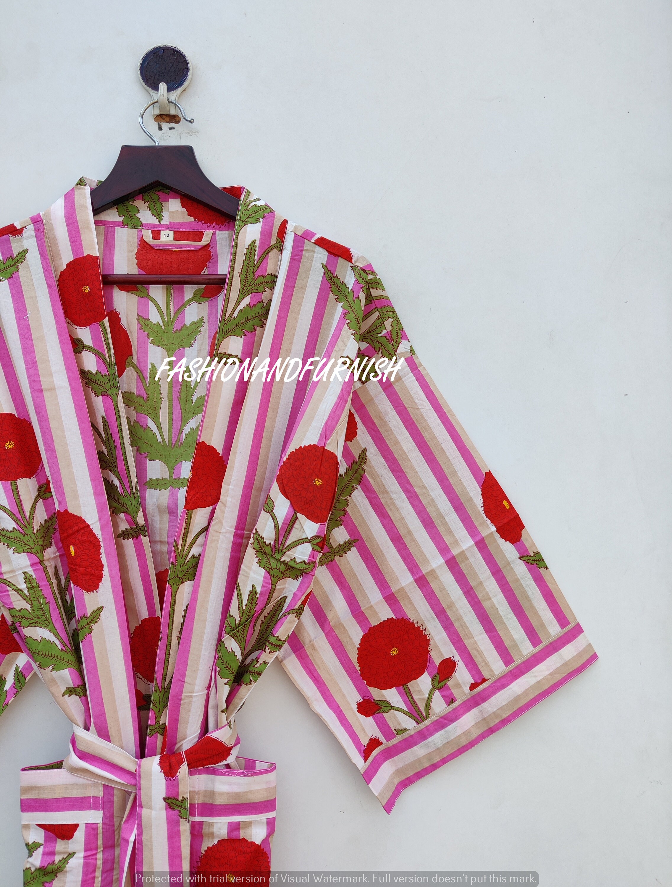 Hand Block Print Cotton Kimono Robe: Floral Indian Dress