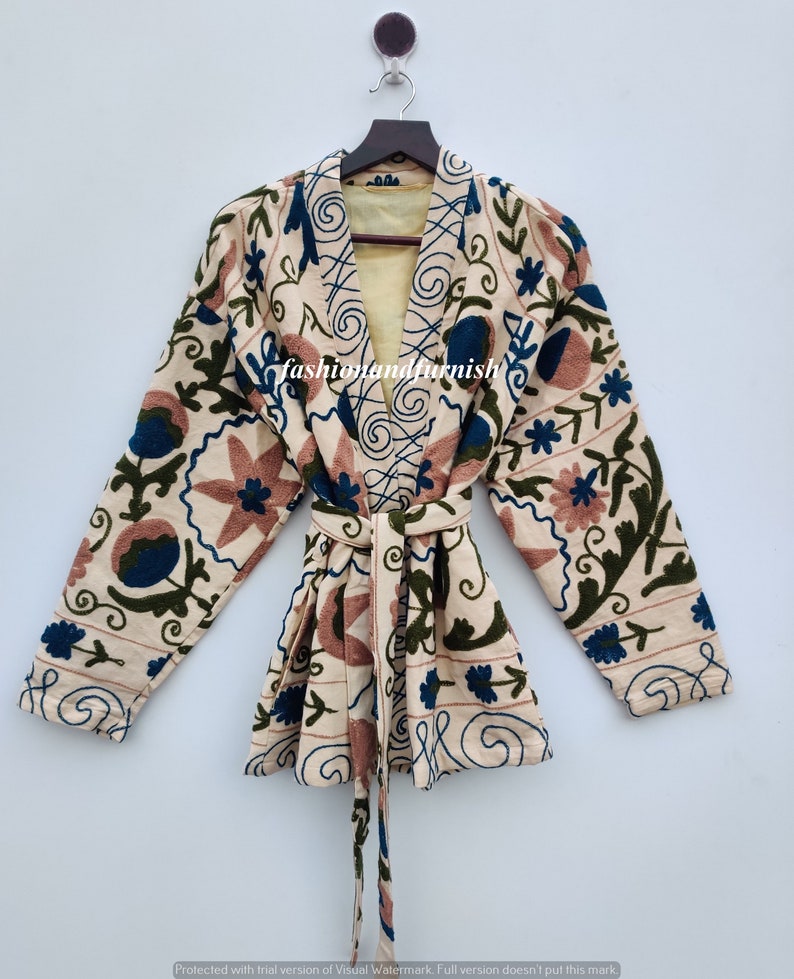 Cotton Suzani Hand Embroidery Jacket Coat, Women Wear Winter Jackets, Bridesmaid Gift, Winter Jacket, Kimono Robe, Bridesmaid Jackets image 3