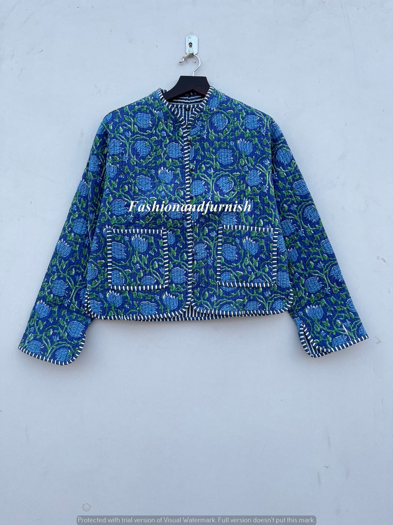 Patchwork Quilted Jackets Cotton Floral Bohemian Style Fall Winter Jacket Coat Streetwear Boho Quilted Reversible Jacket for Women BLUE FLORAL