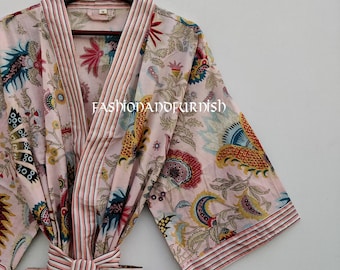 Cotton Kimono Robe, Floral Print Lightweight Dressing Gown