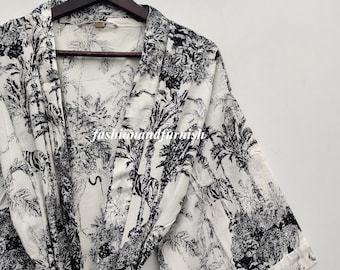 Lightweight Cotton Kimono Robe, Tiger Print, Loungewear