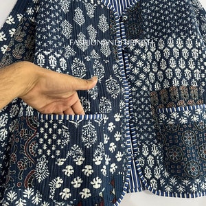 Indigo Blue Handmade Patchwork Jackets, Indian Cotton Handmade Winter Jacket Coat, Bohemian Style Jacket, Unisex Short Quilted Kantha Jacket zdjęcie 7