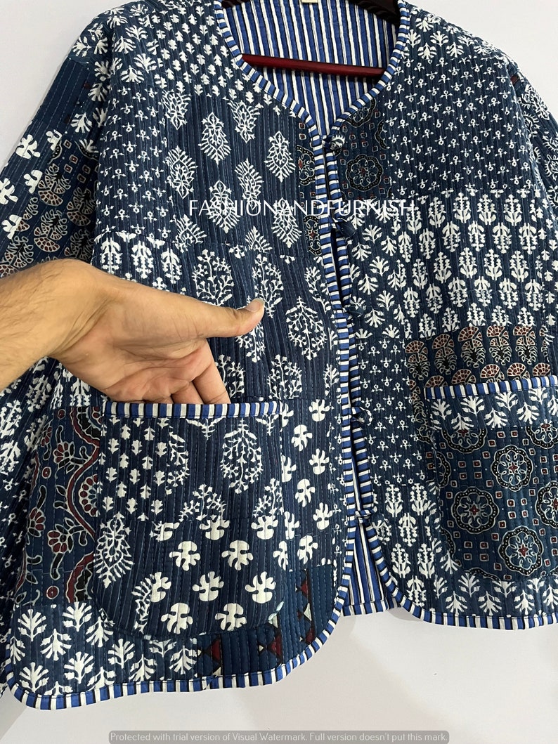 Indigo Blue Handmade Patchwork Jackets, Indian Cotton Handmade Winter Jacket Coat, Bohemian Style Jacket, Unisex Short Quilted Kantha Jacket zdjęcie 7