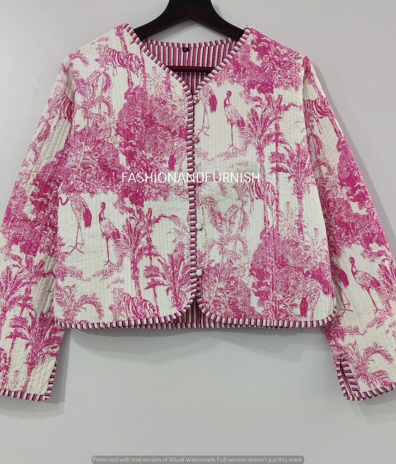 Indian Quilted Jacket For Women Tiger Print Jacket Short kimono Women Wear New Style Pink Flower Coat Bild 2