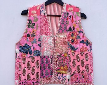 Handmade Cotton Quilted Vest: Vintage Patchwork Kimono Jacket