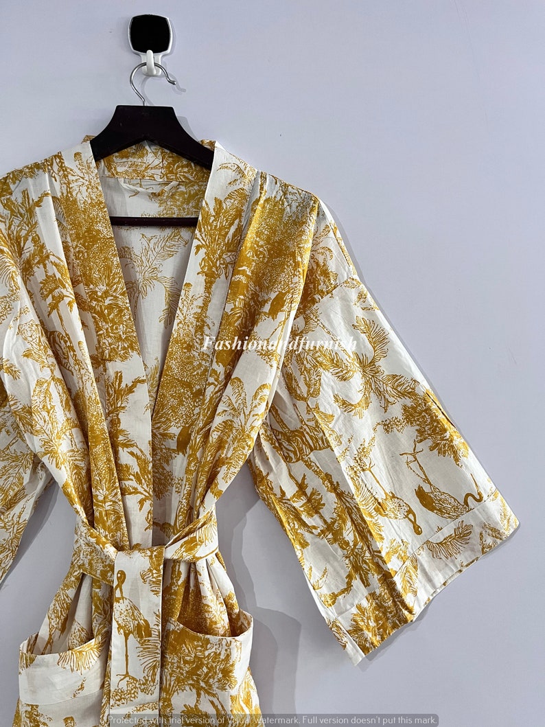 Robes, Lightweight pure cotton kimono robe, ladies night gown, kimono dressing gown, bridesmaid gowns, sustainable women bathrobe, Kimono YELLOW TIGER