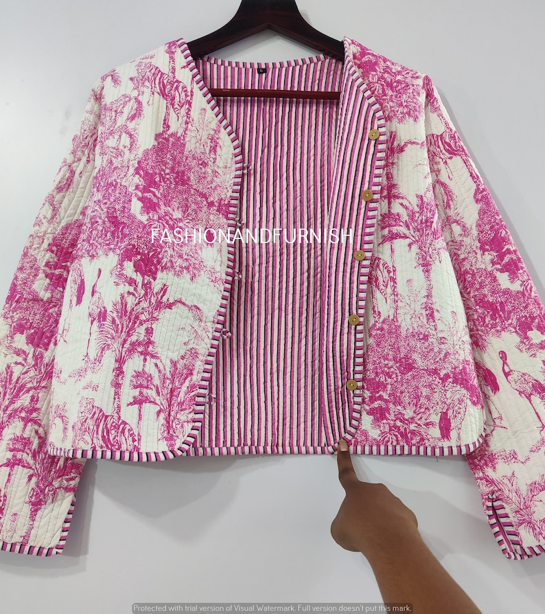 Indian Quilted Jacket For Women Tiger Print Jacket Short kimono Women Wear New Style Pink Flower Coat Bild 4