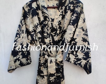 Floral Cotton Kimono Robe, Indian Block Print Loungewear