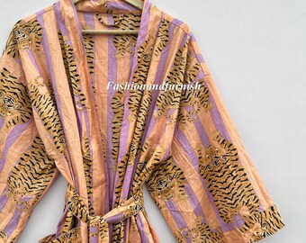 Lightweight Cotton Kimono Robe, Tiger Print, Loungewear